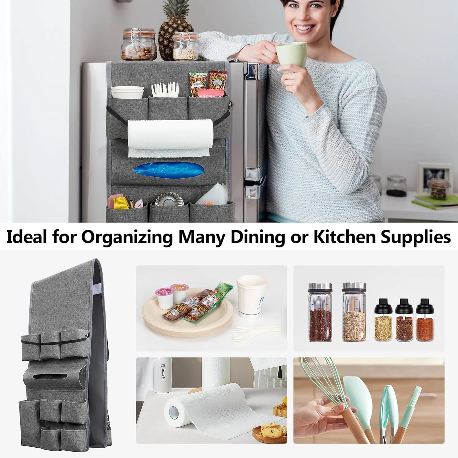 Mini Fridge Organizer, Dust Cover with 14 Pockets for Most Household Refrigerators, Hanging Mini Fridge Caddy Organizer Storage Bag for Dorm, Office, Kitchen, Home, School, Gray