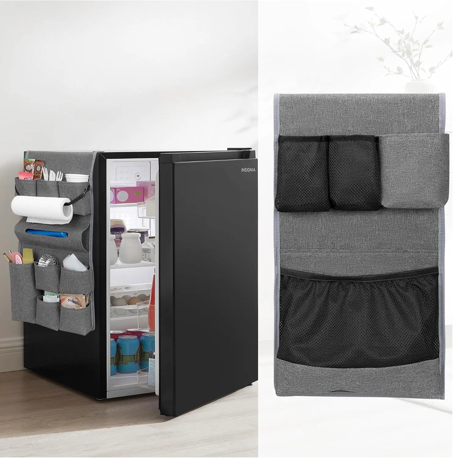 Mini Fridge Organizer, Dust Cover with 14 Pockets for Most Household Refrigerators, Hanging Mini Fridge Caddy Organizer Storage Bag for Dorm, Office, Kitchen, Home, School, Gray