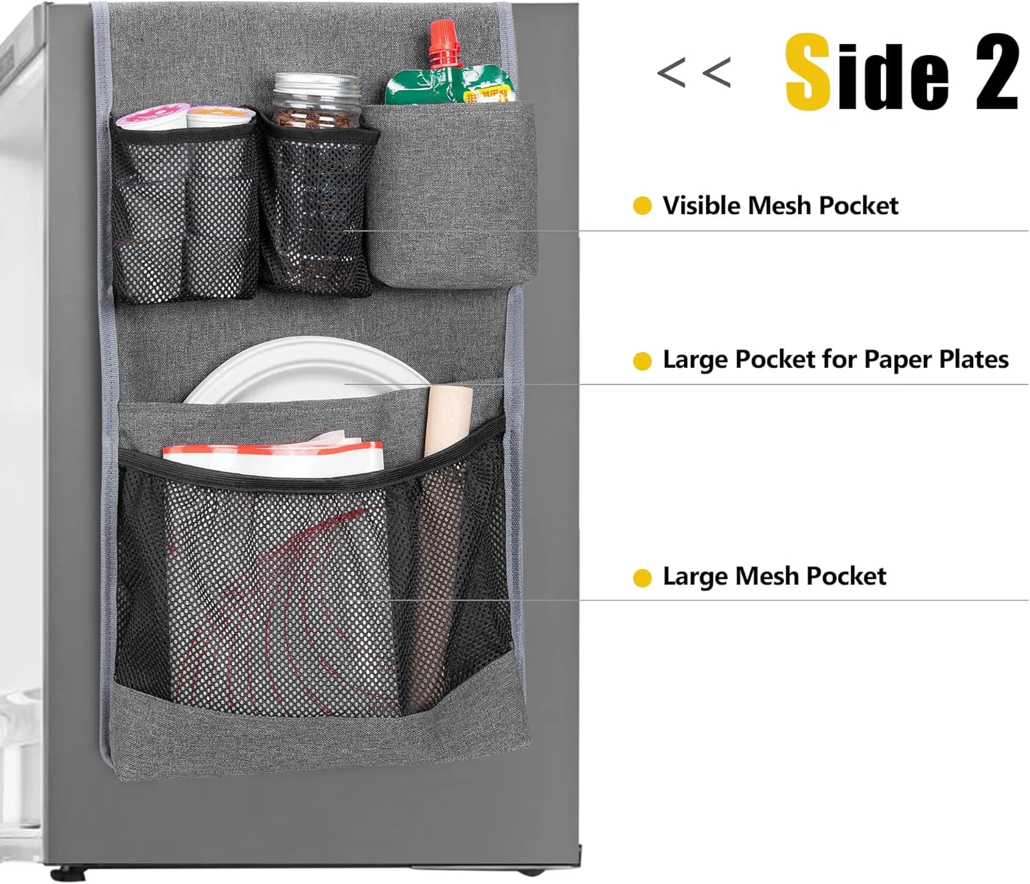 Mini Fridge Organizer, Dust Cover with 14 Pockets for Most Household Refrigerators, Hanging Mini Fridge Caddy Organizer Storage Bag for Dorm, Office, Kitchen, Home, School, Gray