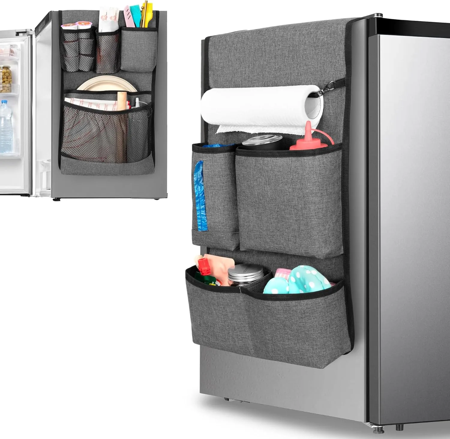 Mini Fridge Organizer with Multiple Pockets for Most Household & Dorm Refrigerators, Hanging Mini Fridge Caddy Organizer Storage Bag for Dorm, Office, Kitchen, Home, School, Gray