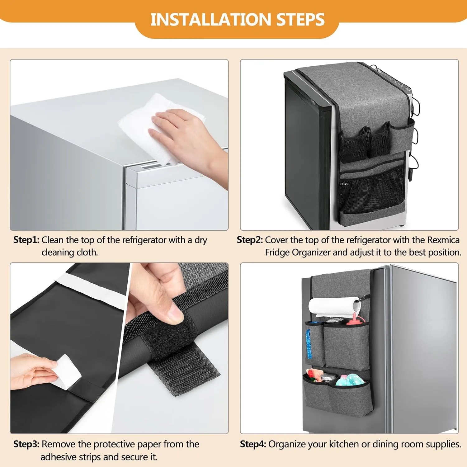 Mini Fridge Organizer with Multiple Pockets for Most Household & Dorm Refrigerators, Hanging Mini Fridge Caddy Organizer Storage Bag for Dorm, Office, Kitchen, Home, School, Gray
