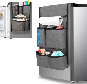 Mini Fridge Organizer with Multiple Pockets for Most Household & Dorm Refrigerators, Hanging Mini Fridge Caddy Organizer Storage Bag for Dorm, Office, Kitchen, Home, School, Gray