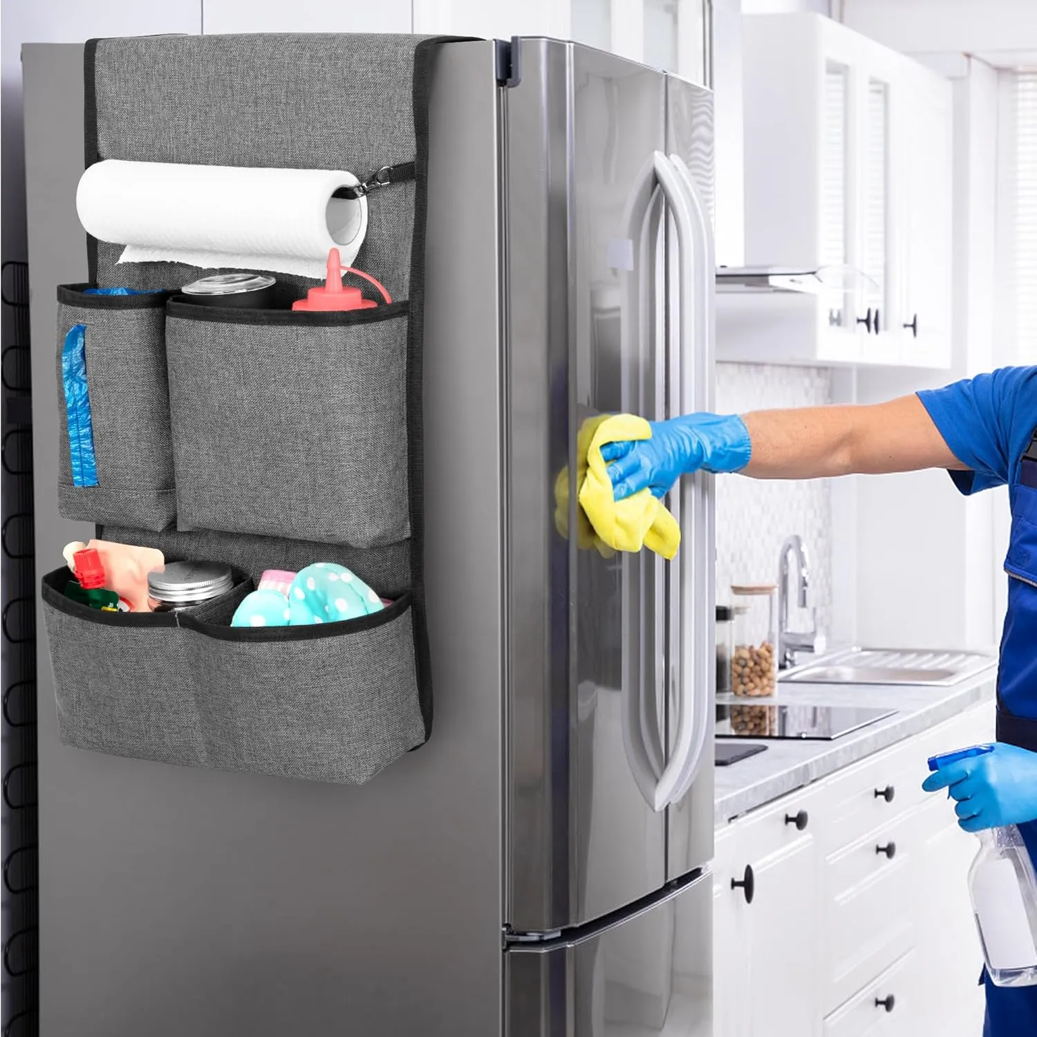 Mini Fridge Organizer with Multiple Pockets for Most Household & Dorm Refrigerators, Hanging Mini Fridge Caddy Organizer Storage Bag for Dorm, Office, Kitchen, Home, School, Gray