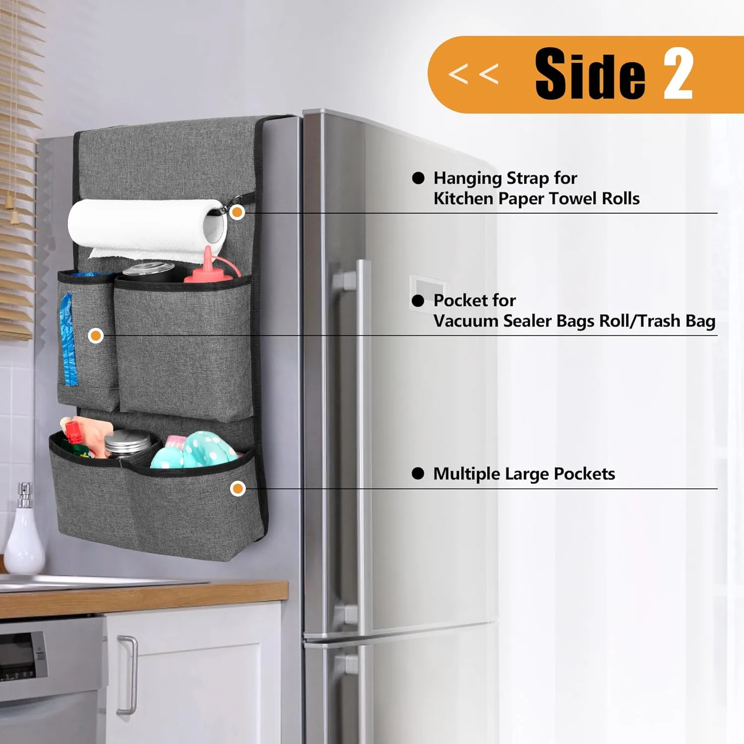 Mini Fridge Organizer with Multiple Pockets for Most Household & Dorm Refrigerators, Hanging Mini Fridge Caddy Organizer Storage Bag for Dorm, Office, Kitchen, Home, School, Gray