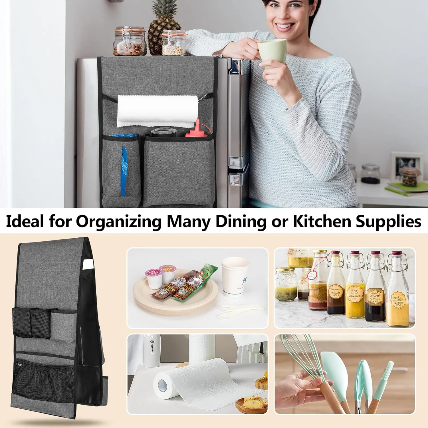 Mini Fridge Organizer with Multiple Pockets for Most Household & Dorm Refrigerators, Hanging Mini Fridge Caddy Organizer Storage Bag for Dorm, Office, Kitchen, Home, School, Gray
