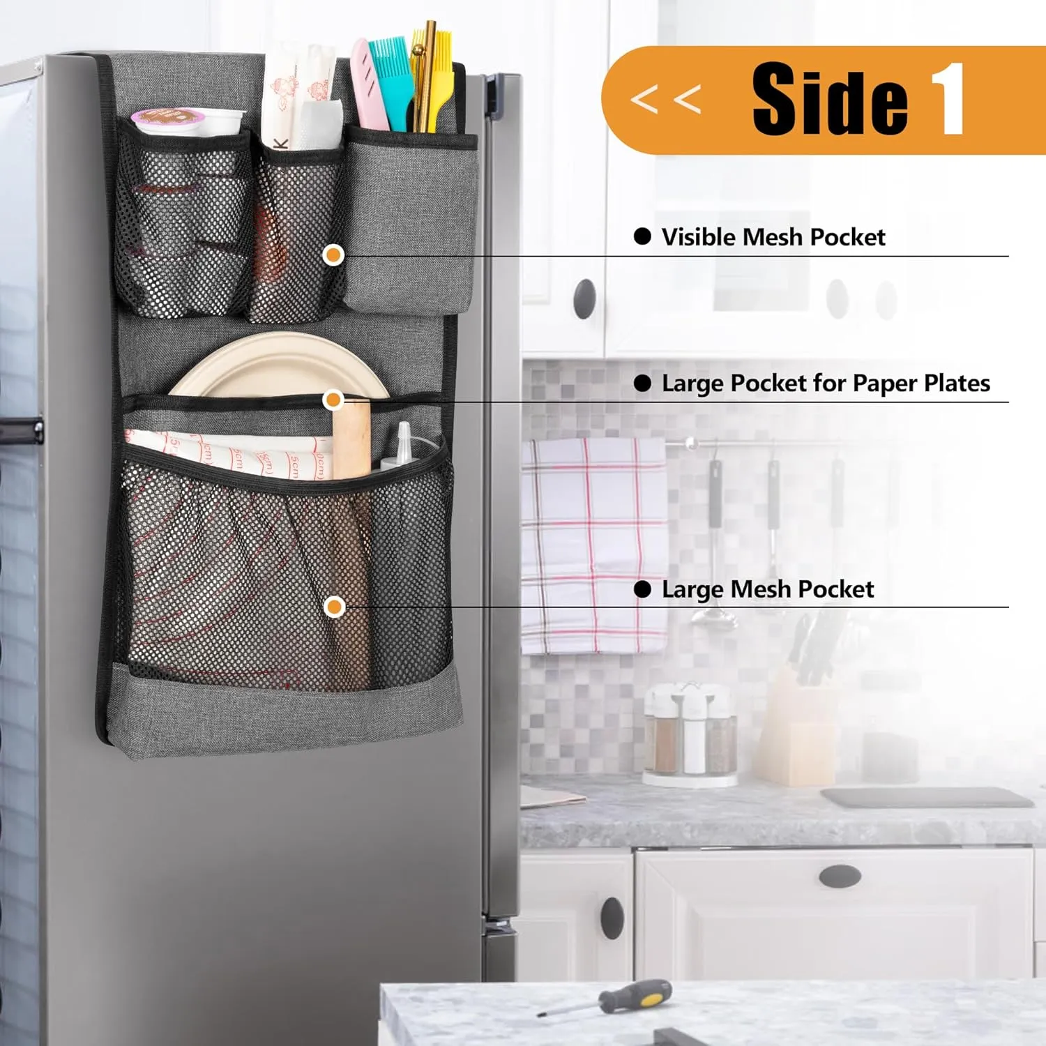 Mini Fridge Organizer with Multiple Pockets for Most Household & Dorm Refrigerators, Hanging Mini Fridge Caddy Organizer Storage Bag for Dorm, Office, Kitchen, Home, School, Gray