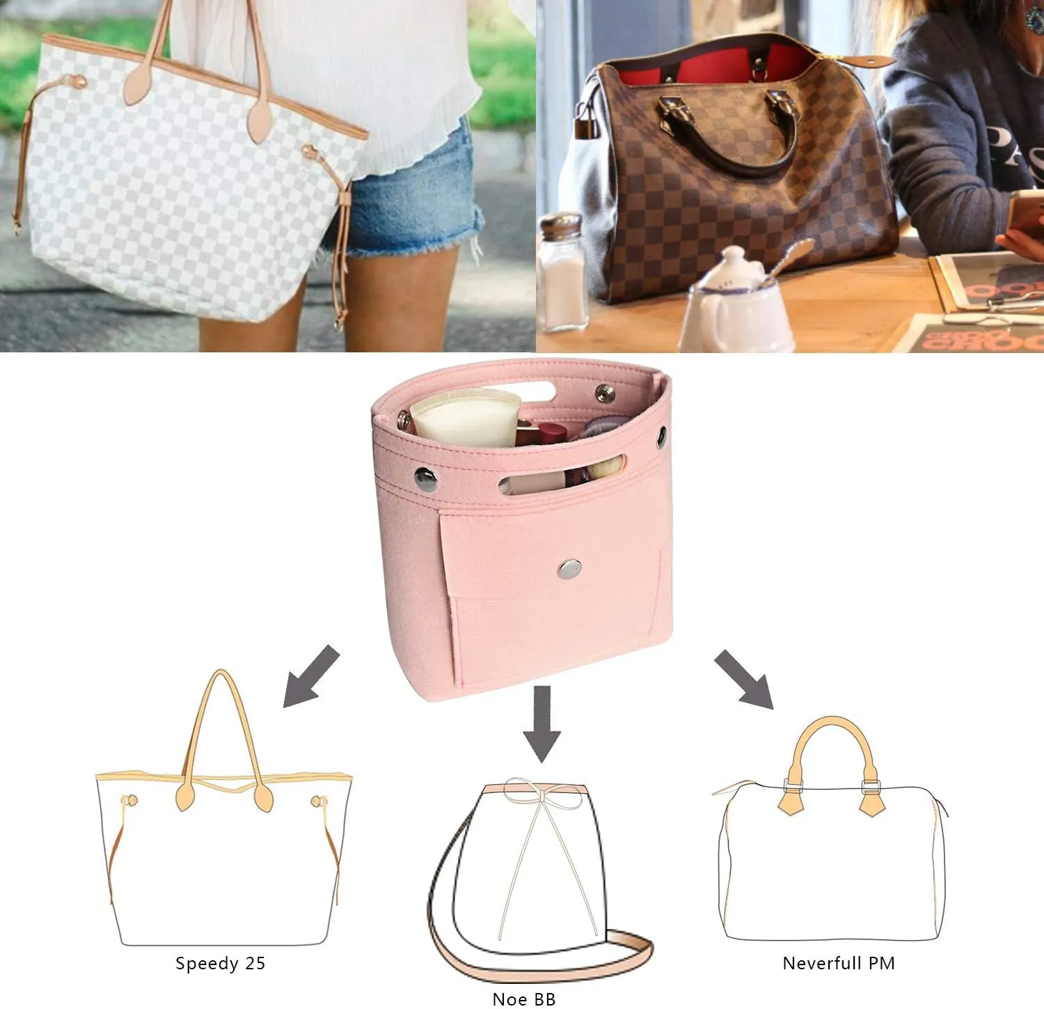 Mini Tote Purse organizer insert, Felt lightweight Handbag Organizer Fits LV Neverfull PM, Speedy 25, NOÉ BB, NeoNoe