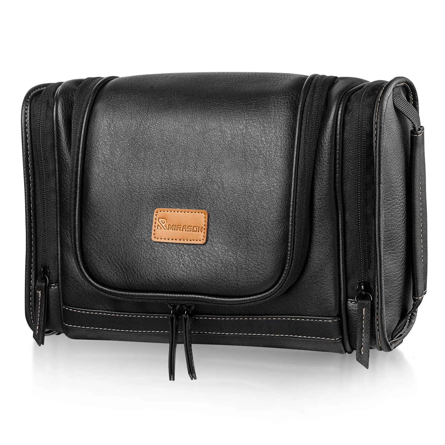 MIRASON Hanging Toiletry Bag for Men Dopp Kit Waterproof Leather Travel Organizer Bag with Sturdy Metal Hook and Handle for Bathroom Shower Cosmetics Camping Gift for Men (Black)