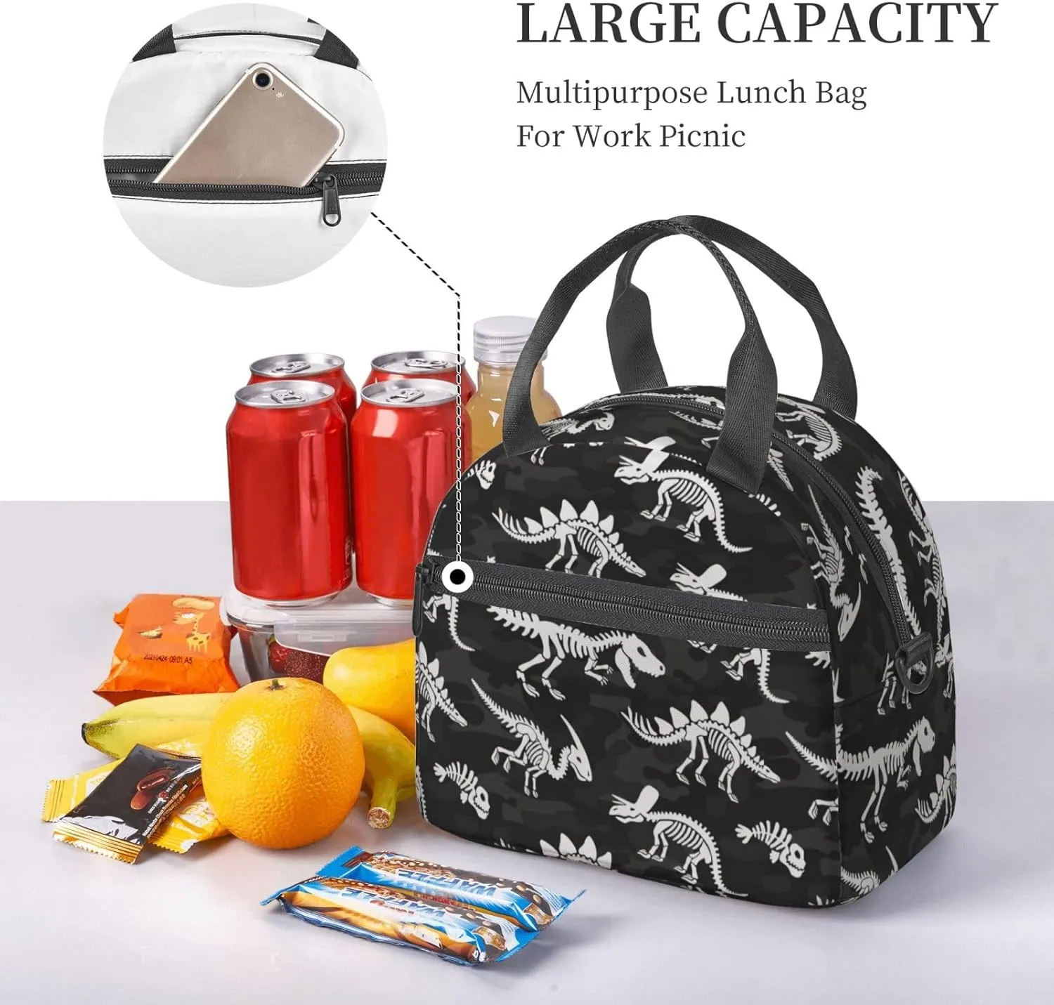 MOLAIGIN Camo Camouflage Military Dinosaur Skeleton Fossil Halloween Insulated Lunch With Adjustable Shoulder Strap Bag Reusable Lunch Box Cooler Tote Bag For Men Women