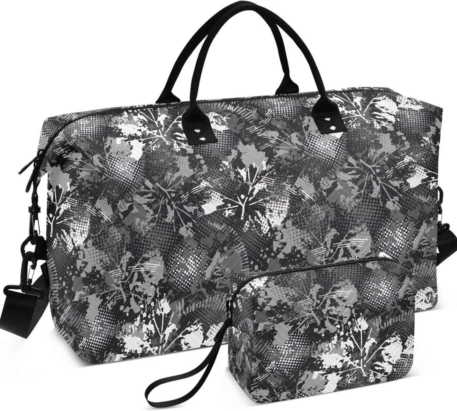 Monochrome Gray Camouflage Splattered Duffel Bag Womens Cosmetic Set, Print Sports Dance Bag Carry on for Airplane