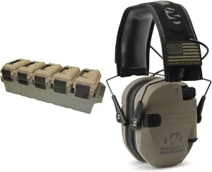 MTM AC5C 5-Can Ammo Crate Mini & Walker's Razor Slim Folding Electronic Ear Protection with Sound Activated 23dB Noise Reduction and Sound Amplification, Tan Patriot