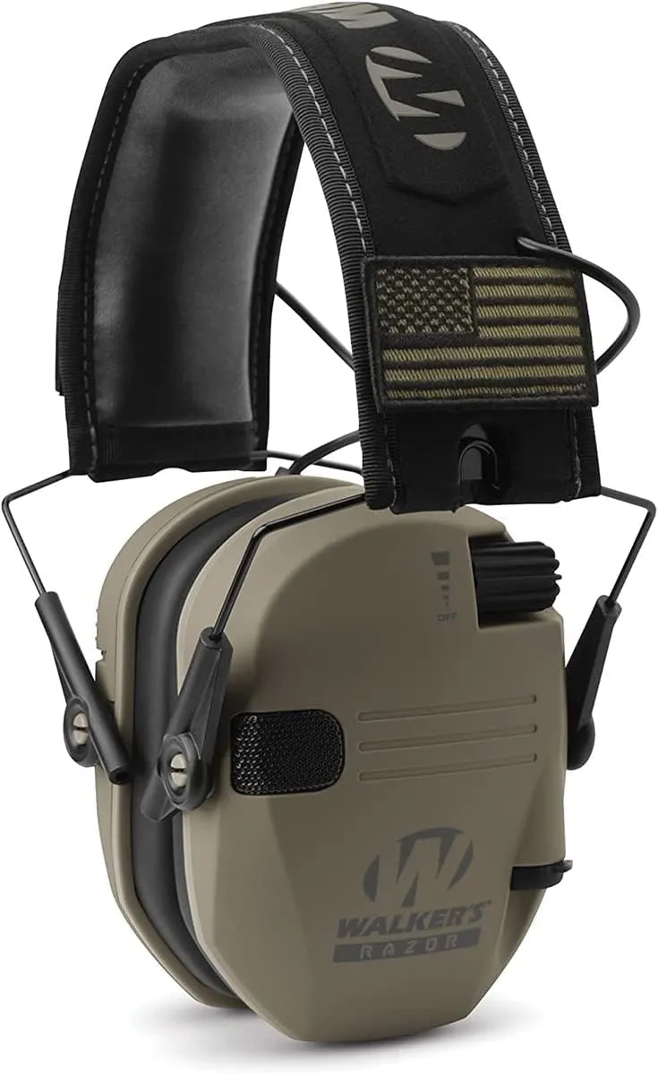 MTM AC5C 5-Can Ammo Crate Mini & Walker's Razor Slim Folding Electronic Ear Protection with Sound Activated 23dB Noise Reduction and Sound Amplification, Tan Patriot