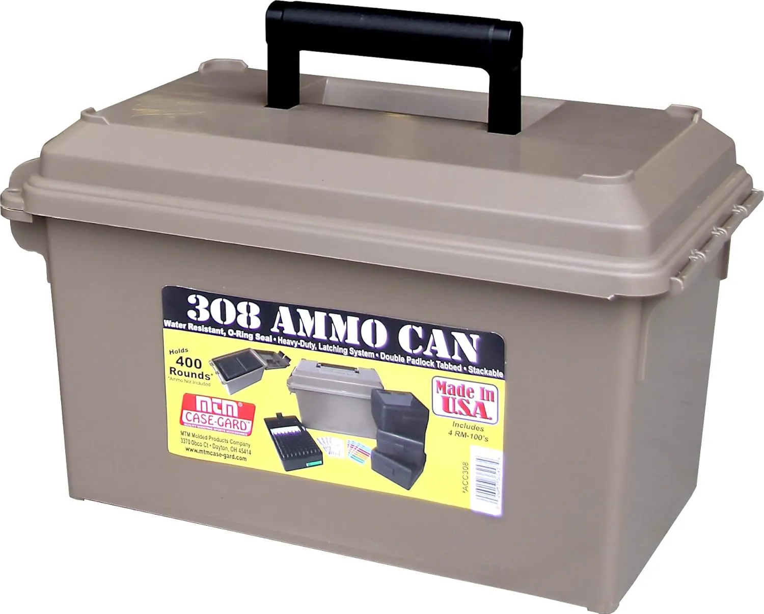 MTM ACC308 308-Caliber Ammo Can with 4 RM-100 Boxes, Holds 400 rounds, Rugged polypropylene plastic, Water-resistant seal, latching system, Double padlock tapped for security, Dark Earth