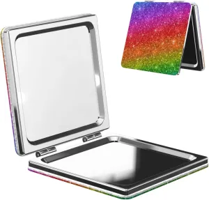 Multicolored Glitter Rainbow Women Small Pocket Mirror Travel Cosmetic Mirror Folding Handheld Makeup Mirror