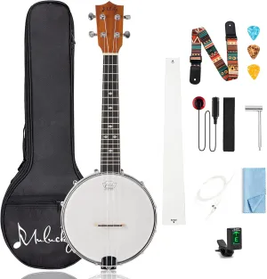 Mulucky 4-String Banjo Ukulele | 23" Sapele Wood with Remo Head & Nylon Strings | Dark Brown Travel Kit (Bag, Tuner, Picks) - BU8017