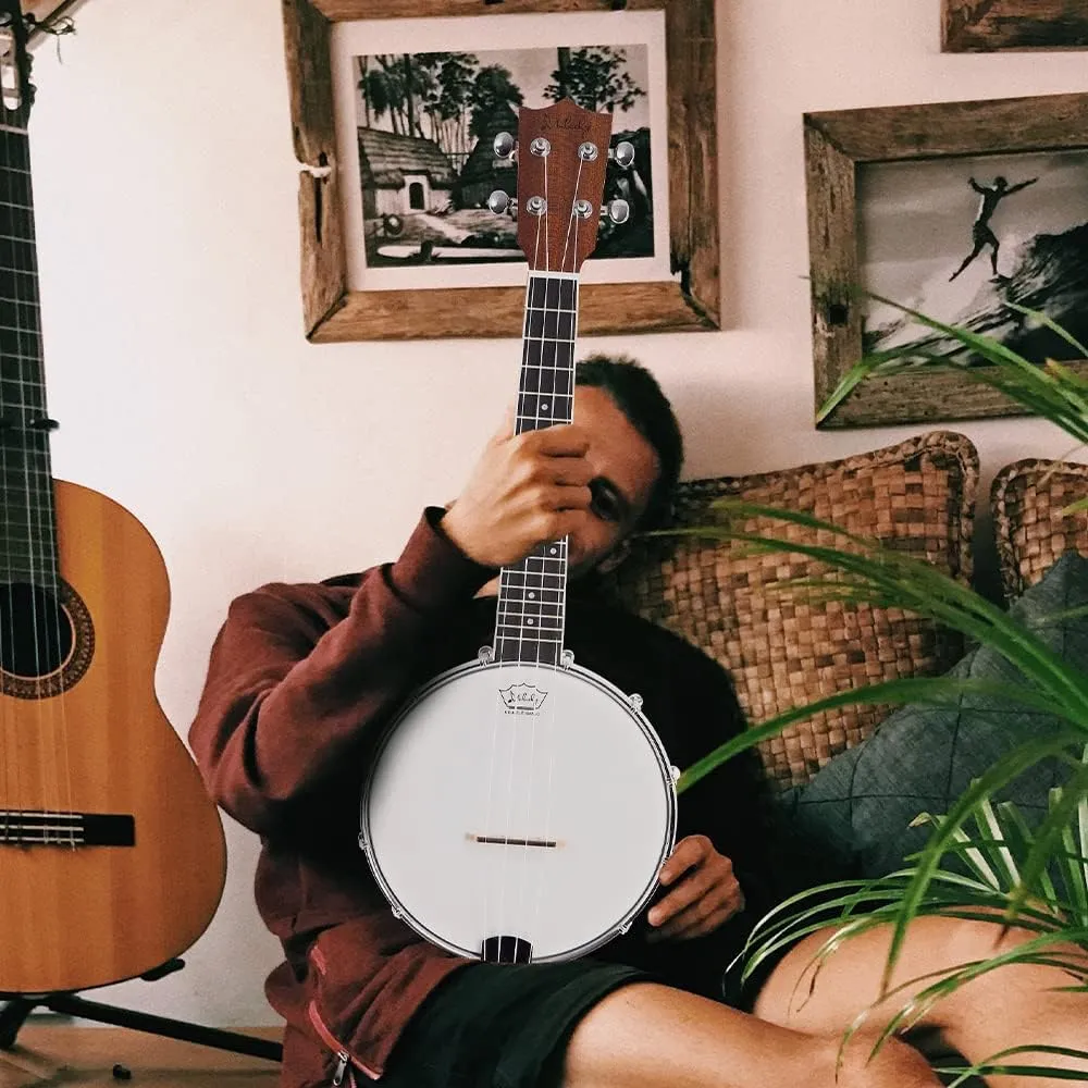 Mulucky 4-String Banjo Ukulele | 23" Sapele Wood with Remo Head & Nylon Strings | Dark Brown Travel Kit (Bag, Tuner, Picks) - BU806