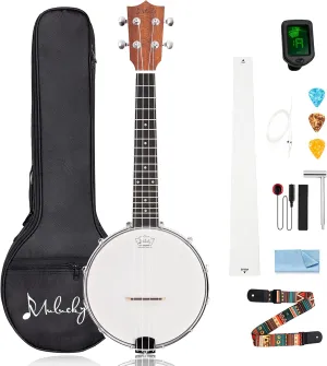 Mulucky 4-String Banjo Ukulele | 23" Sapele Wood with Remo Head & Nylon Strings | Dark Brown Travel Kit (Bag, Tuner, Picks) - BU806