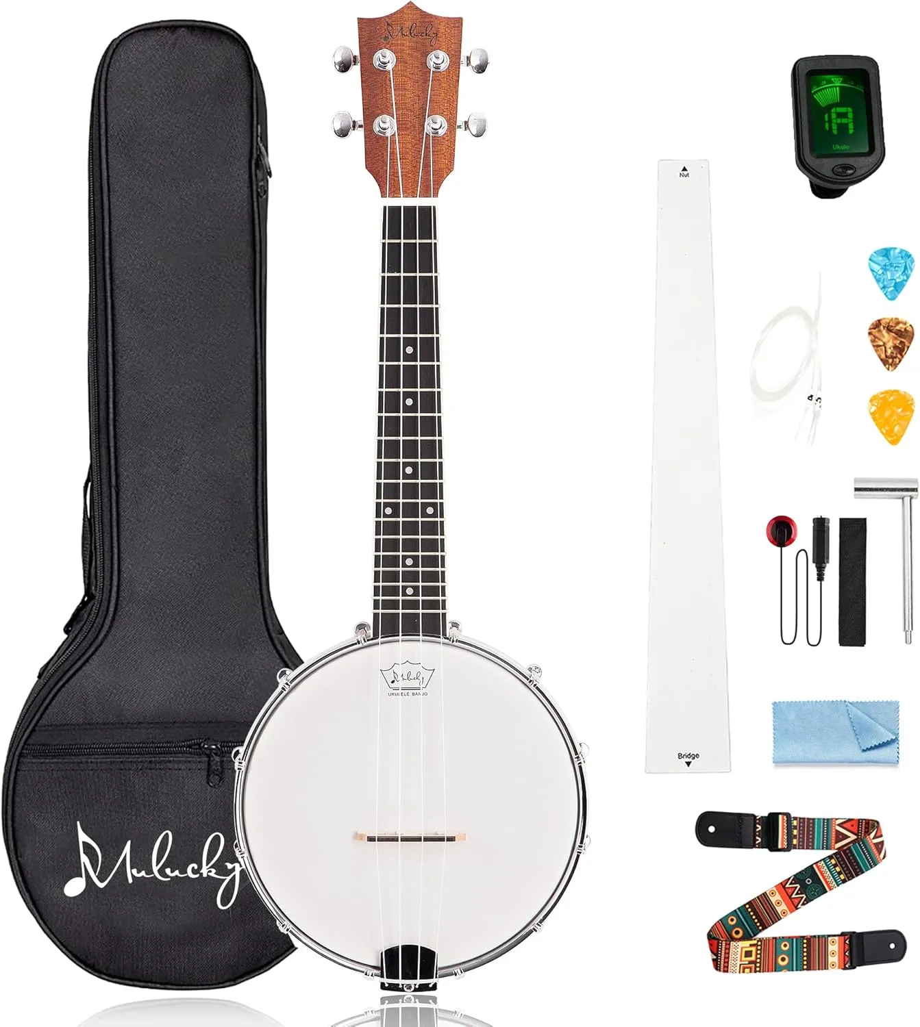 Mulucky 4-String Banjo Ukulele | 23" Sapele Wood with Remo Head & Nylon Strings | Dark Brown Travel Kit (Bag, Tuner, Picks) - BU806