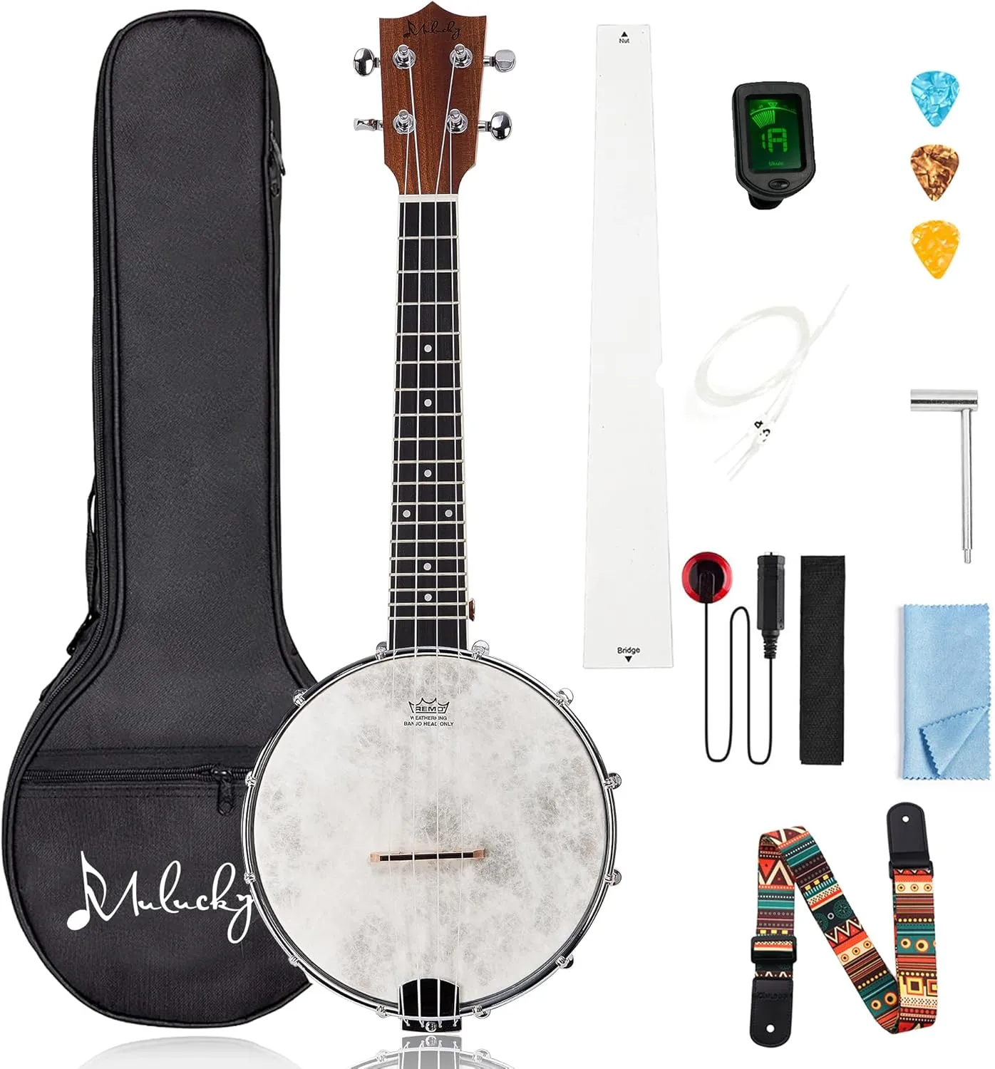 Mulucky 4-String Banjo Ukulele | 23" Sapele Wood with Remo Head & Nylon Strings | Dark Brown Travel Kit (Bag, Tuner, Picks), MBU-803