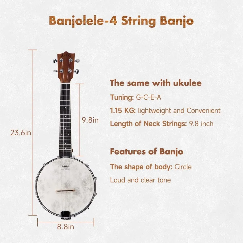 Mulucky 4-String Banjo Ukulele | 23" Sapele Wood with Remo Head & Nylon Strings | Dark Brown Travel Kit (Bag, Tuner, Picks), MBU-803