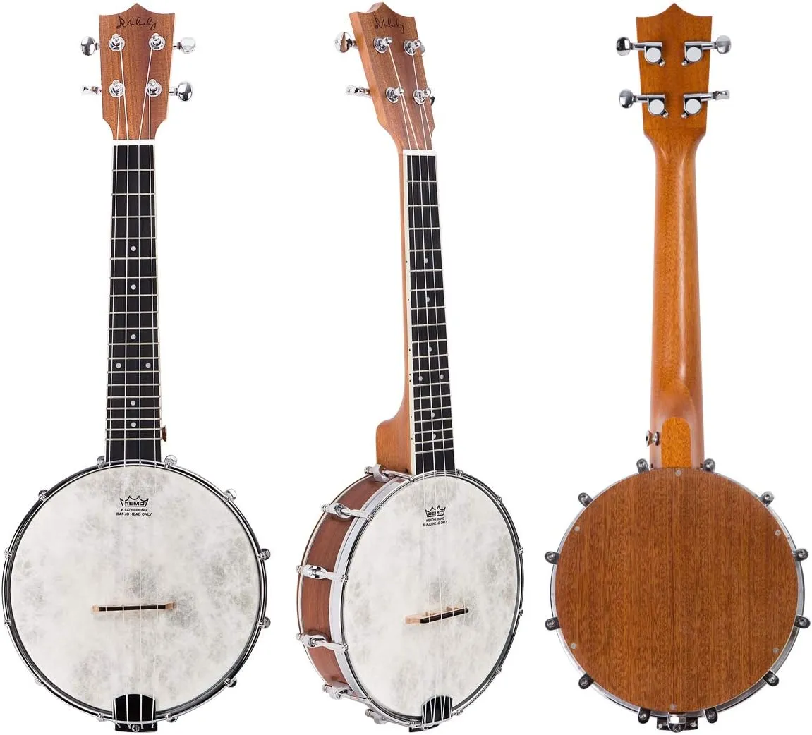 Mulucky 4-String Banjo Ukulele | 23" Sapele Wood with Remo Head & Nylon Strings | Dark Brown Travel Kit (Bag, Tuner, Picks), MBU-803