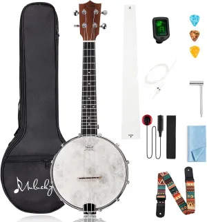 Mulucky 4-String Banjo Ukulele | 23" Sapele Wood with Remo Head & Nylon Strings | Dark Brown Travel Kit (Bag, Tuner, Picks), MBU-803