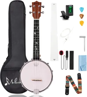Mulucky 4-String Banjo Ukulele | 23" Sapele Wood with Remo Head & Nylon Strings | Dark Brown Travel Kit (Bag, Tuner, Picks) - MBU-806