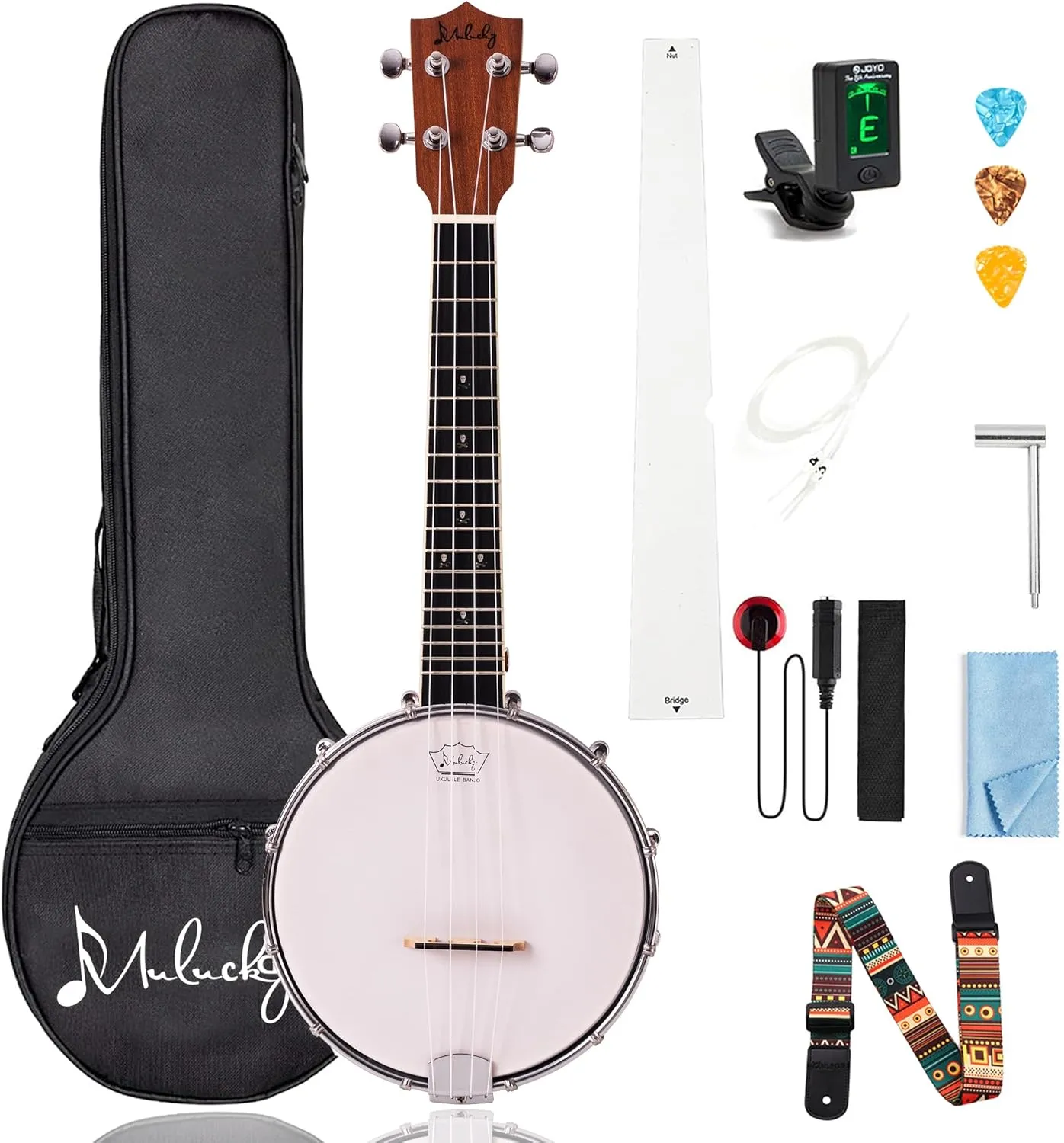 Mulucky 4-String Banjo Ukulele | 23" Sapele Wood with Remo Head & Nylon Strings | Dark Brown Travel Kit (Bag, Tuner, Picks) - MBU-808