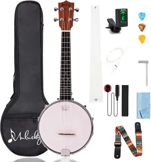 Mulucky 4-String Banjo Ukulele | 23" Sapele Wood with Remo Head & Nylon Strings | Dark Brown Travel Kit (Bag, Tuner, Picks) - MBU-808