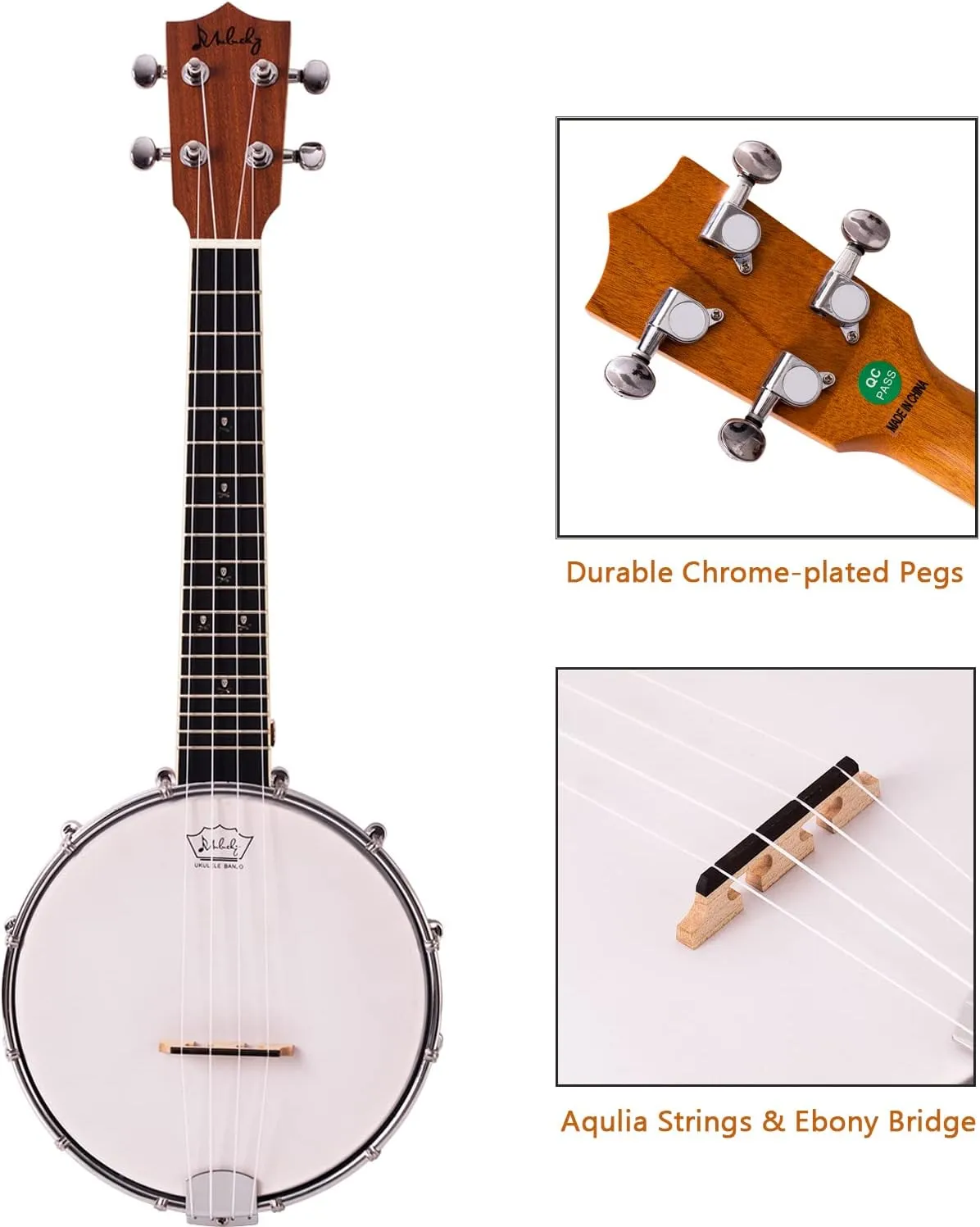 Mulucky 4-String Banjo Ukulele | 23" Sapele Wood with Remo Head & Nylon Strings | Dark Brown Travel Kit (Bag, Tuner, Picks) - MBU-808