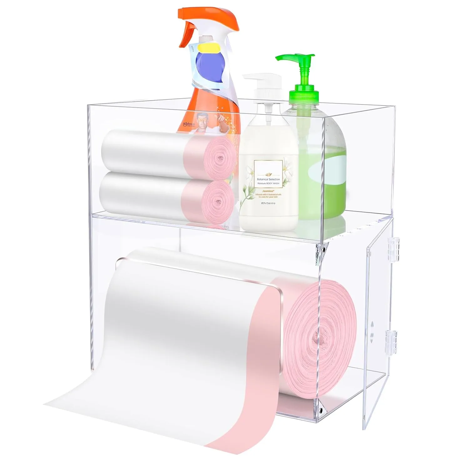 mwellewm Trash Bag Dispenser 2 in 1 Extra Large Acrylic Garbage Bag Roll Holder Under Sink Organizer Plastic Bag Storage Box with Lid Kitchen Inside Trash Can Grocery Bag (10.4 x 6.5 x 11.4 inches)
