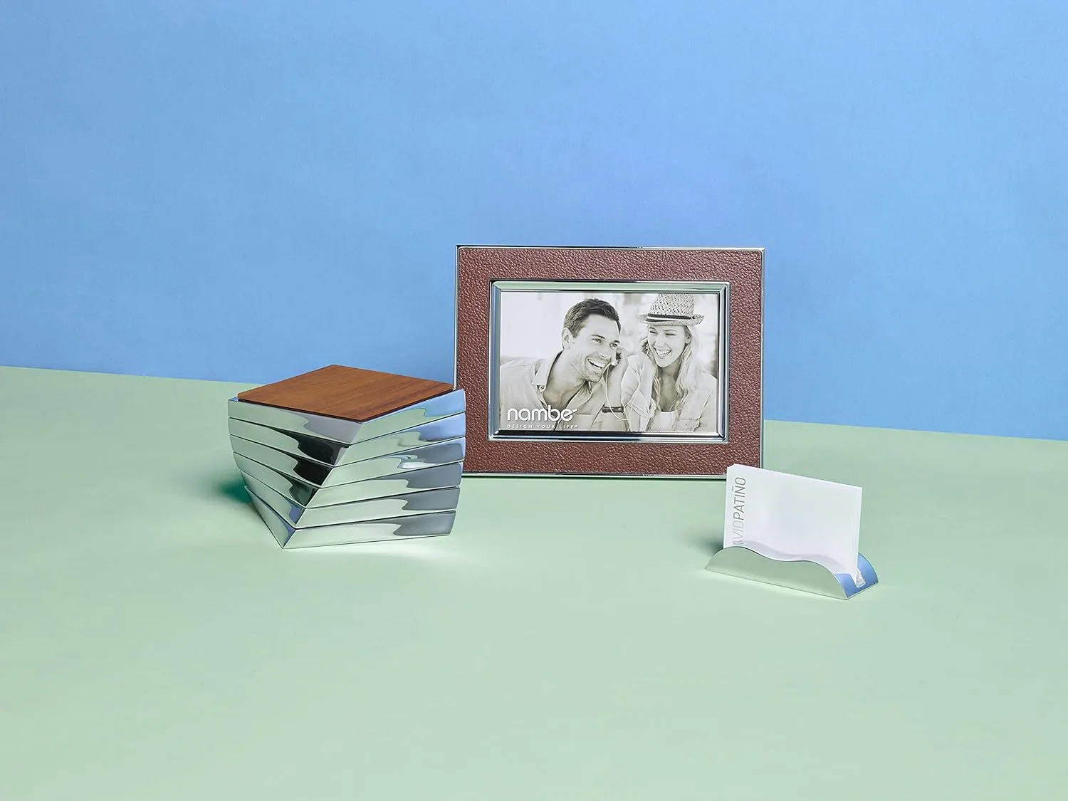 nambe Novara Picture Frame, 5" x 7” | Photo Frame with Tempered Glass | Tabletop Display, Family, Friends, Wedding Gift, Home Office Décor | Silver Plate and Genuine Leather