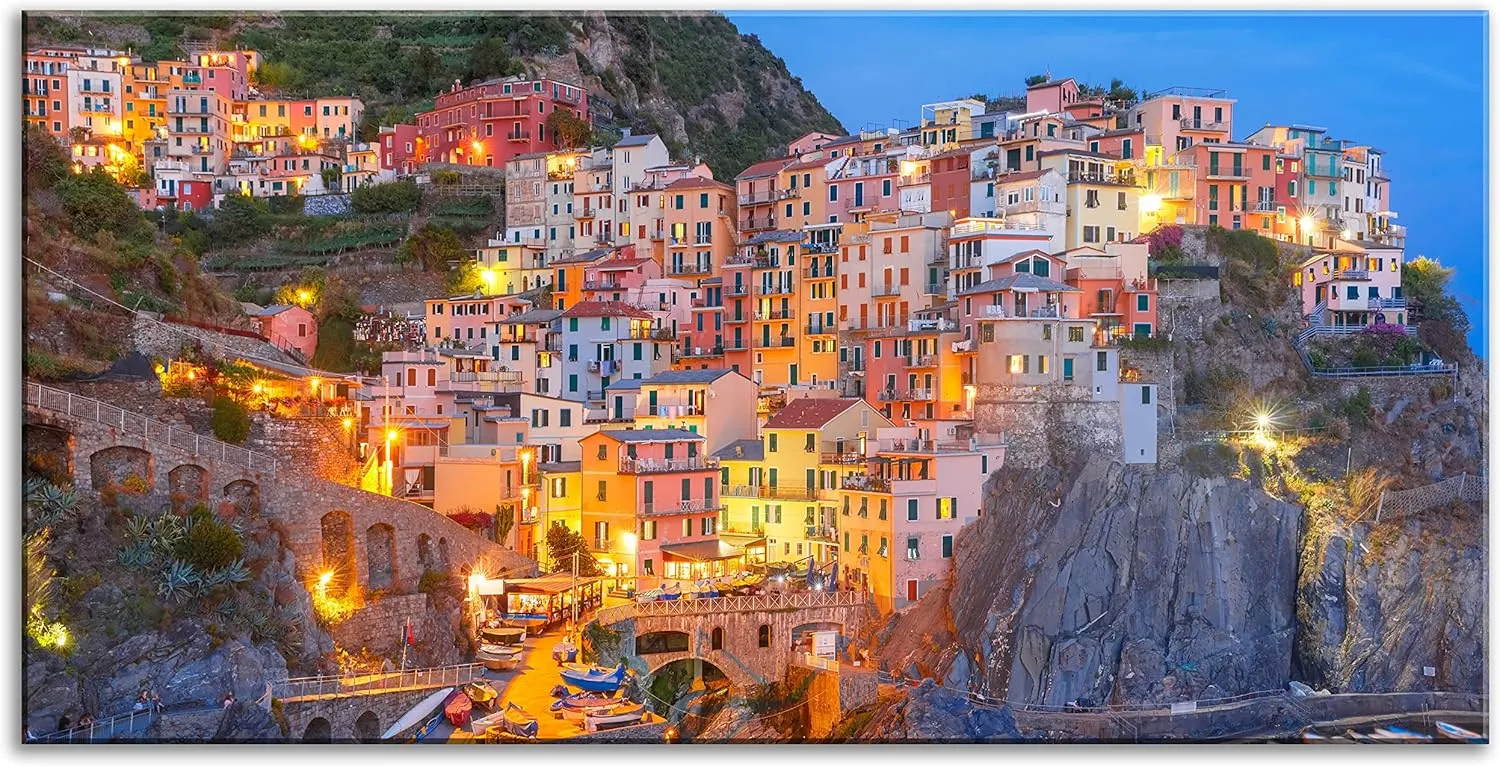 NAN Wind Modern Canvas Painting Wall Art Aerial Night View of Manarola Fishing Village Seascape in Five Lands Cinque Terre National Park Liguria Italy Print On Canvas Giclee Artwork for Wall Decor