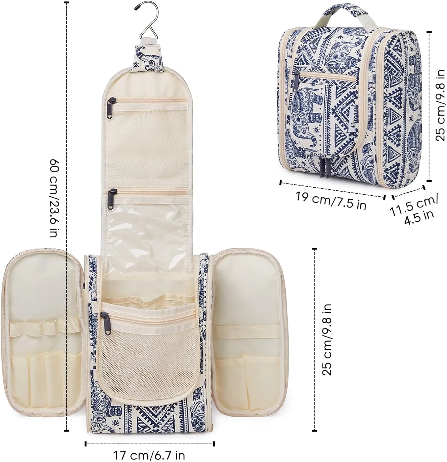 Narwey Small Hanging Toiletry Bag Women Travel Makeup Bag Organizer Toiletries Bag for Travel Size Essentials Accessories Cosmetics (Medium, Elephant)