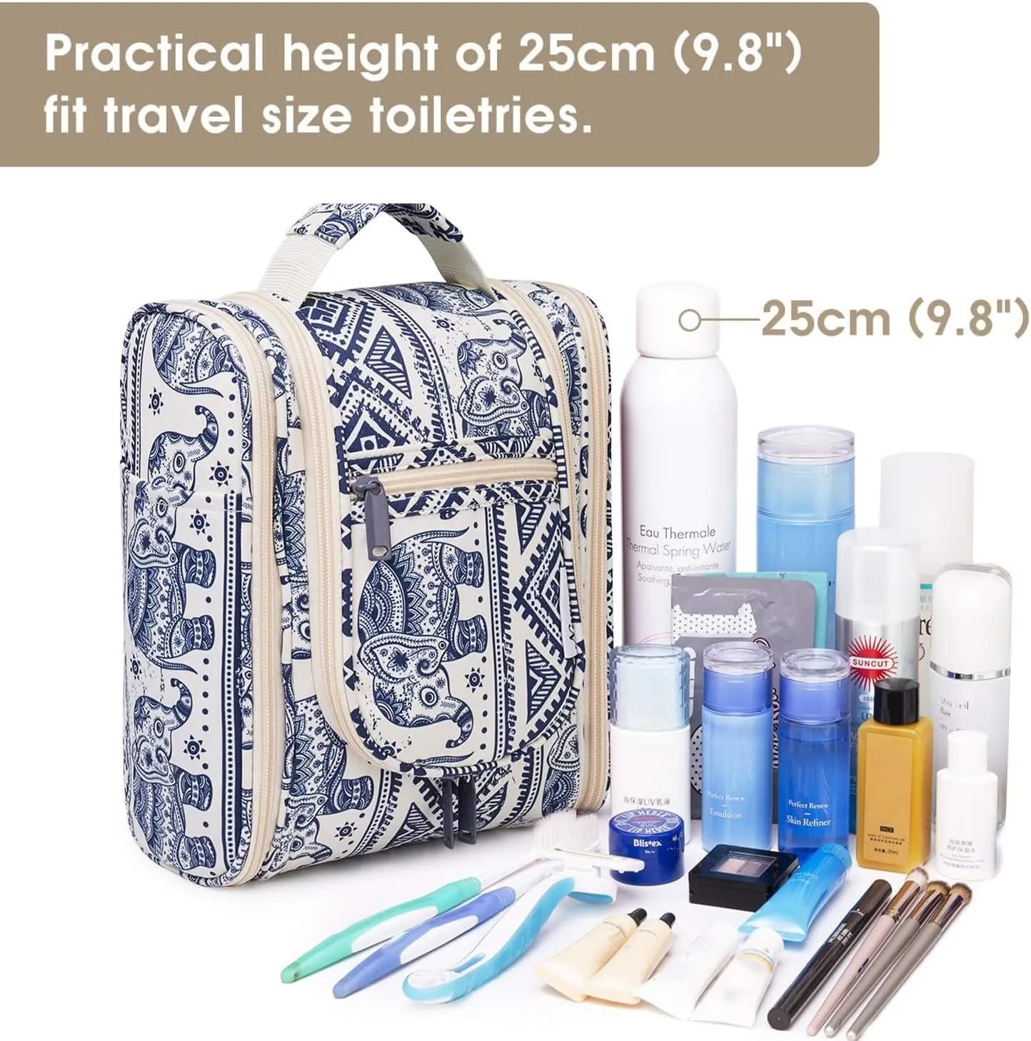 Narwey Small Hanging Toiletry Bag Women Travel Makeup Bag Organizer Toiletries Bag for Travel Size Essentials Accessories Cosmetics (Medium, Elephant)