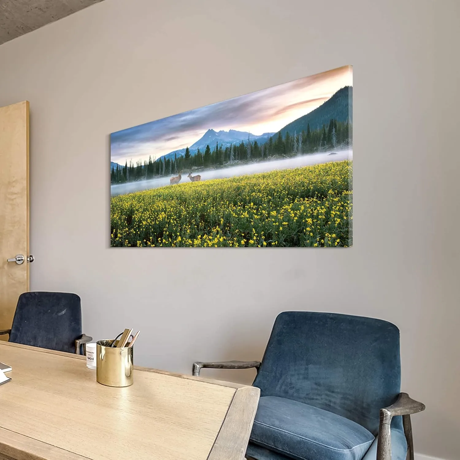 Nature Canvas Wall Art Decor: Landscape Picture Misty Lake Forest Mountain Scene Wild Animal Deer Print Scenery Wildlife Wildflower Painting Artwork for Living Room Bedroom Office Decorations 48 x 24 Inches