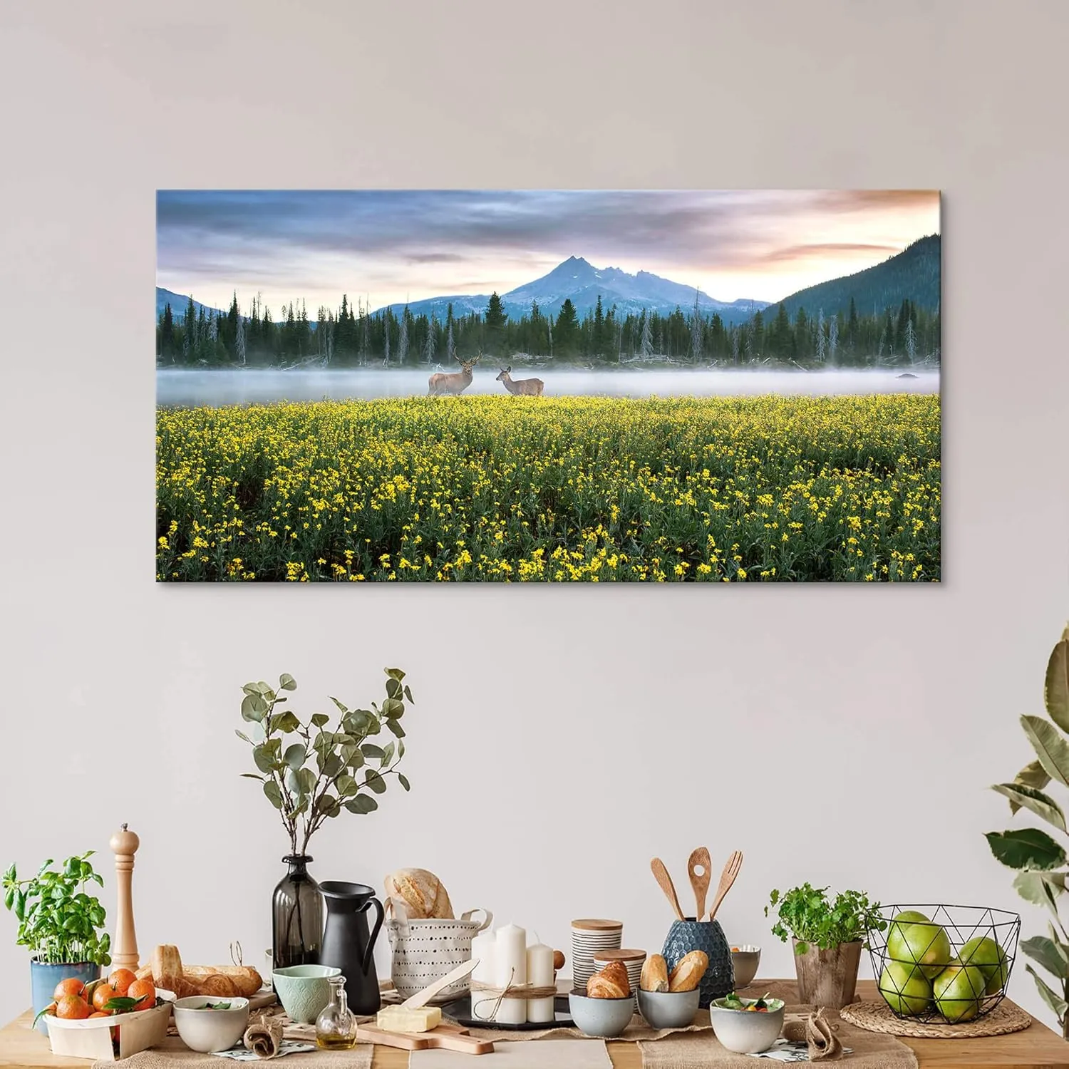 Nature Canvas Wall Art Decor: Landscape Picture Misty Lake Forest Mountain Scene Wild Animal Deer Print Scenery Wildlife Wildflower Painting Artwork for Living Room Bedroom Office Decorations 48 x 24 Inches