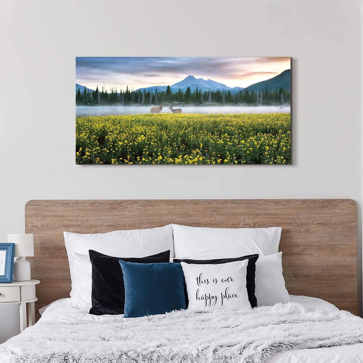 Nature Canvas Wall Art Decor: Landscape Picture Misty Lake Forest Mountain Scene Wild Animal Deer Print Scenery Wildlife Wildflower Painting Artwork for Living Room Bedroom Office Decorations 48 x 24 Inches