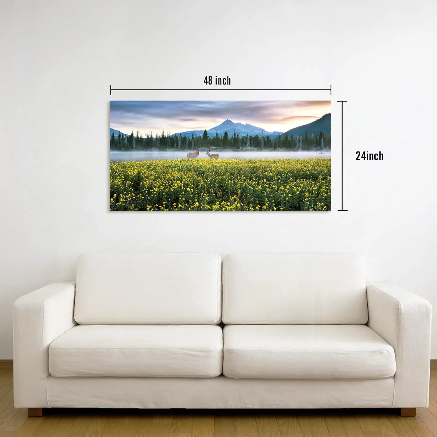 Nature Canvas Wall Art Decor: Landscape Picture Misty Lake Forest Mountain Scene Wild Animal Deer Print Scenery Wildlife Wildflower Painting Artwork for Living Room Bedroom Office Decorations 48 x 24 Inches