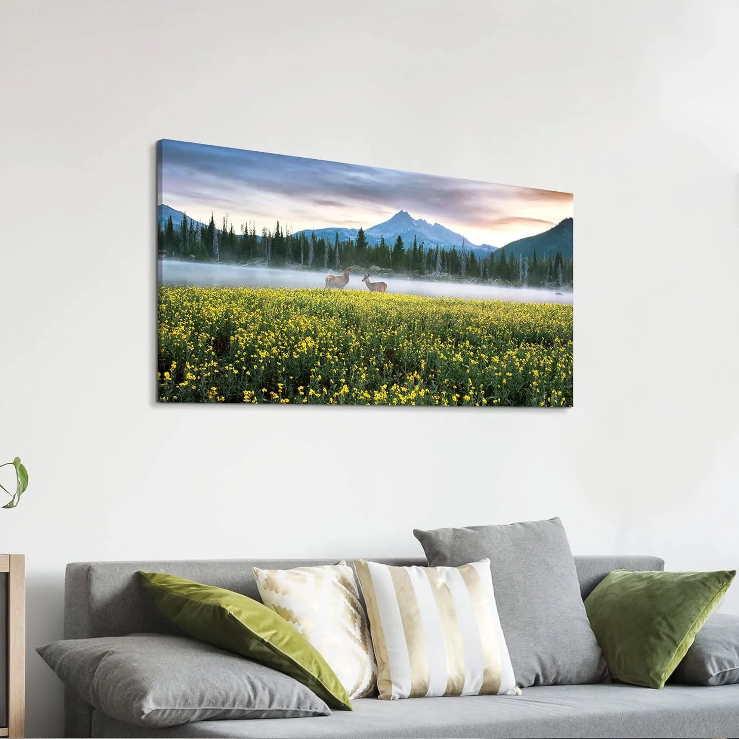 Nature Canvas Wall Art Decor: Landscape Picture Misty Lake Forest Mountain Scene Wild Animal Deer Print Scenery Wildlife Wildflower Painting Artwork for Living Room Bedroom Office Decorations 48 x 24 Inches
