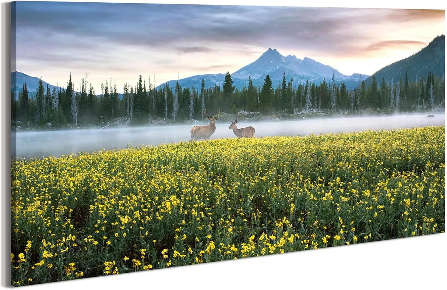 Nature Canvas Wall Art Decor: Landscape Picture Misty Lake Forest Mountain Scene Wild Animal Deer Print Scenery Wildlife Wildflower Painting Artwork for Living Room Bedroom Office Decorations 48 x 24 Inches