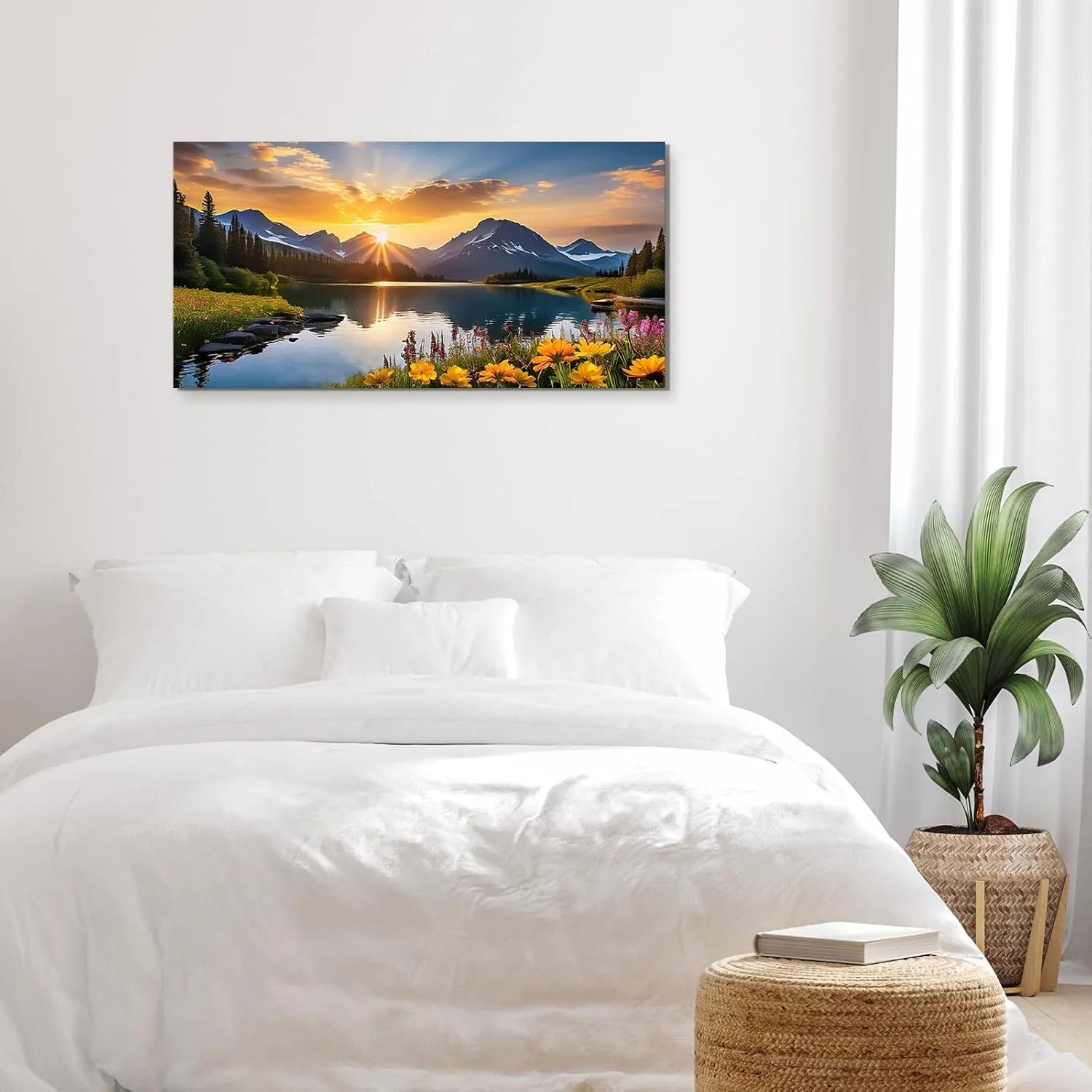 Nature Mountain Wall Art For Living Room, National Park Sunflower Landscape Canvas Picture Wall Decor 16x32 Inch , Sunset Grand Teton Lake Prints Painting Framed Artwork For Kitchen Bedroom Home Decoration