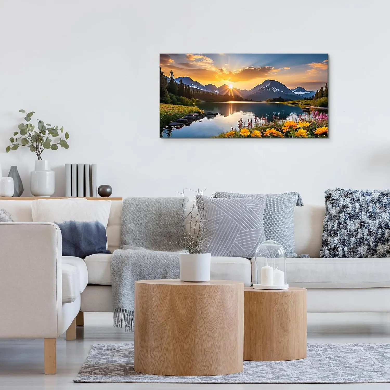 Nature Mountain Wall Art For Living Room, National Park Sunflower Landscape Canvas Picture Wall Decor 16x32 Inch , Sunset Grand Teton Lake Prints Painting Framed Artwork For Kitchen Bedroom Home Decoration
