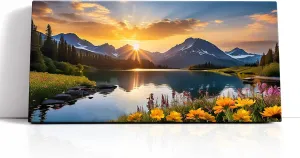 Nature Mountain Wall Art For Living Room, National Park Sunflower Landscape Canvas Picture Wall Decor 16x32 Inch , Sunset Grand Teton Lake Prints Painting Framed Artwork For Kitchen Bedroom Home Decoration