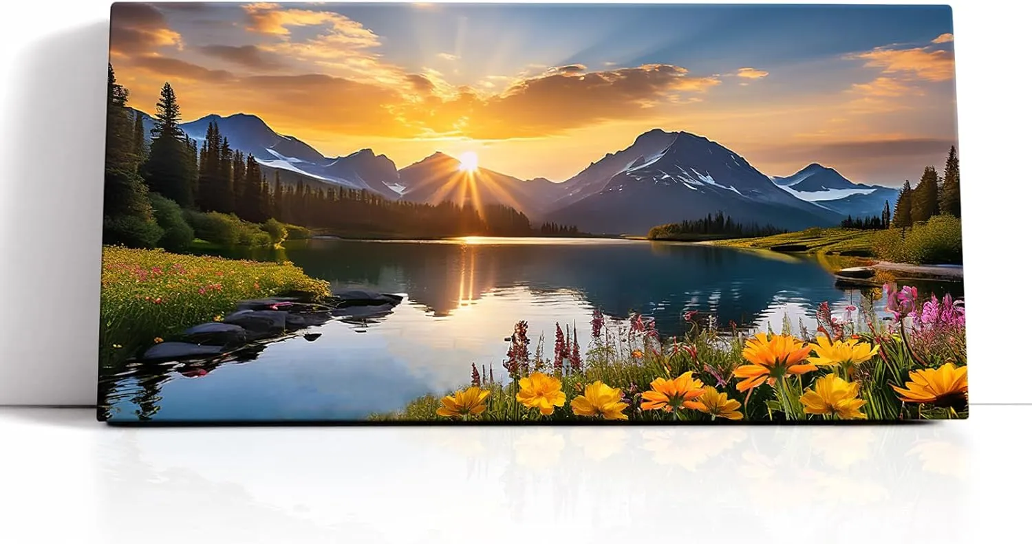 Nature Mountain Wall Art For Living Room, National Park Sunflower Landscape Canvas Picture Wall Decor 16x32 Inch , Sunset Grand Teton Lake Prints Painting Framed Artwork For Kitchen Bedroom Home Decoration