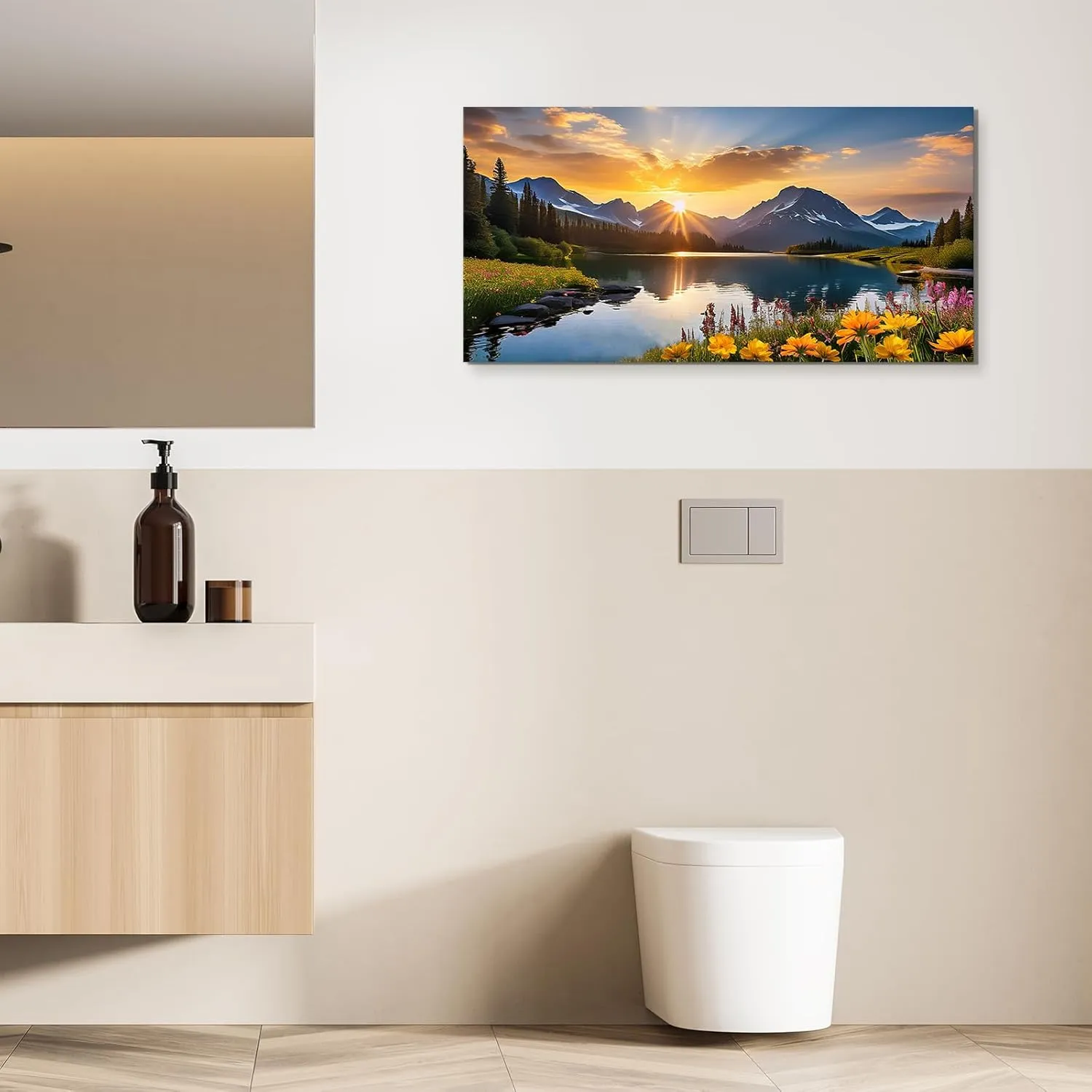 Nature Mountain Wall Art For Living Room, National Park Sunflower Landscape Canvas Picture Wall Decor 16x32 Inch , Sunset Grand Teton Lake Prints Painting Framed Artwork For Kitchen Bedroom Home Decoration