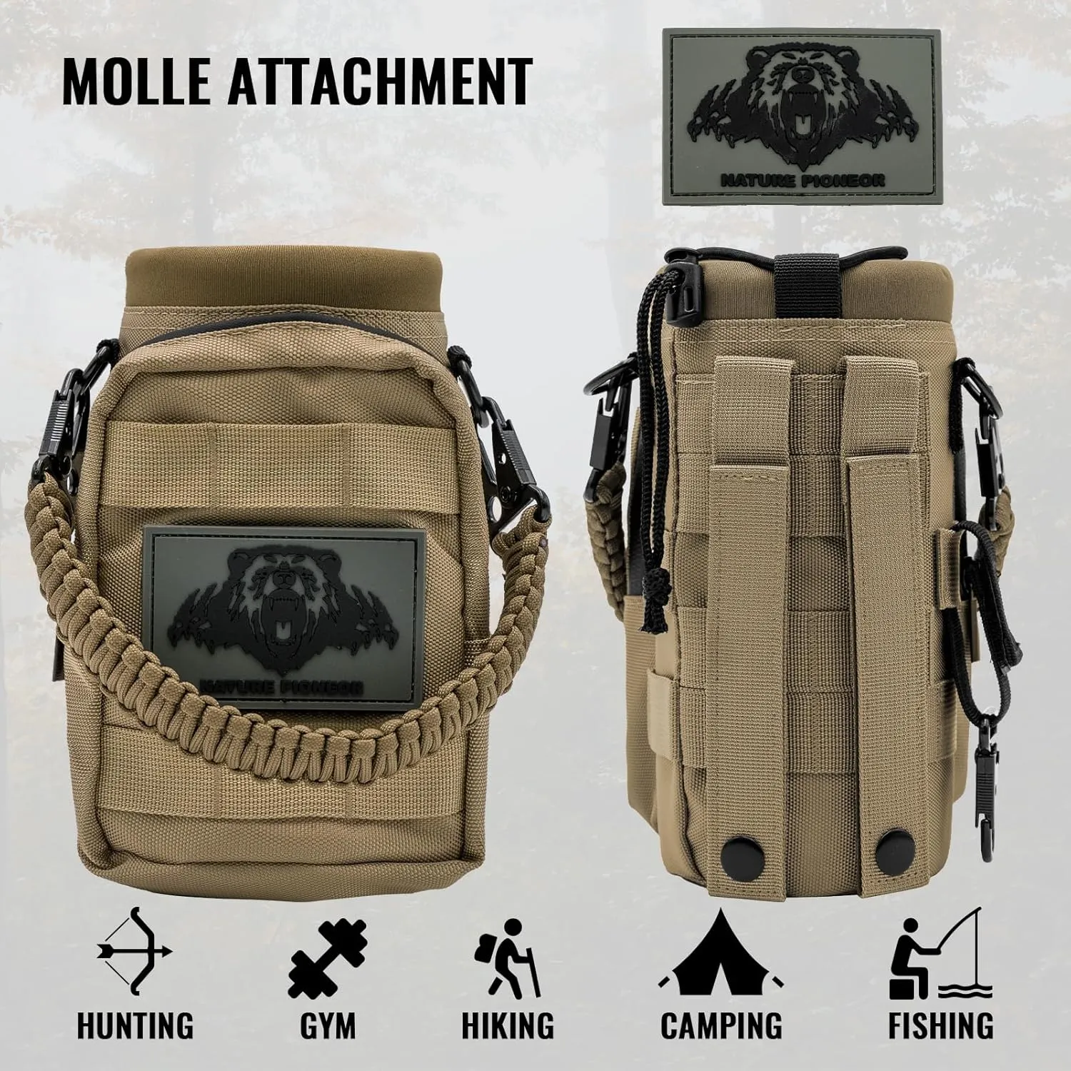 NATURE PIONEOR 32 64 128oz Tactical Water Bottle Pouch, Multi-Function Tactical Water Bottle Bag with Adjustable Shoulder Strap, Half/One Gallon Molle Strap Carrier Holder