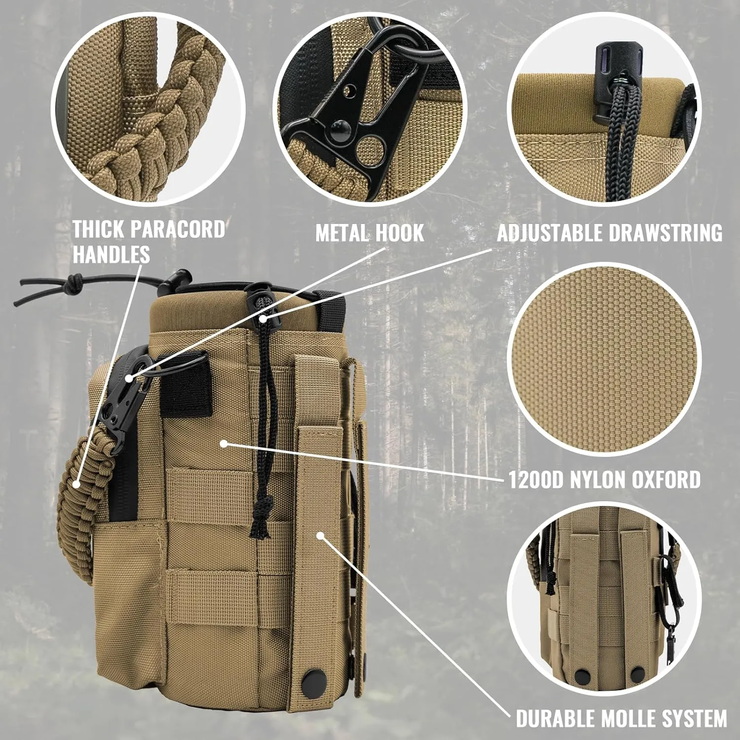 NATURE PIONEOR 32 64 128oz Tactical Water Bottle Pouch, Multi-Function Tactical Water Bottle Bag with Adjustable Shoulder Strap, Half/One Gallon Molle Strap Carrier Holder