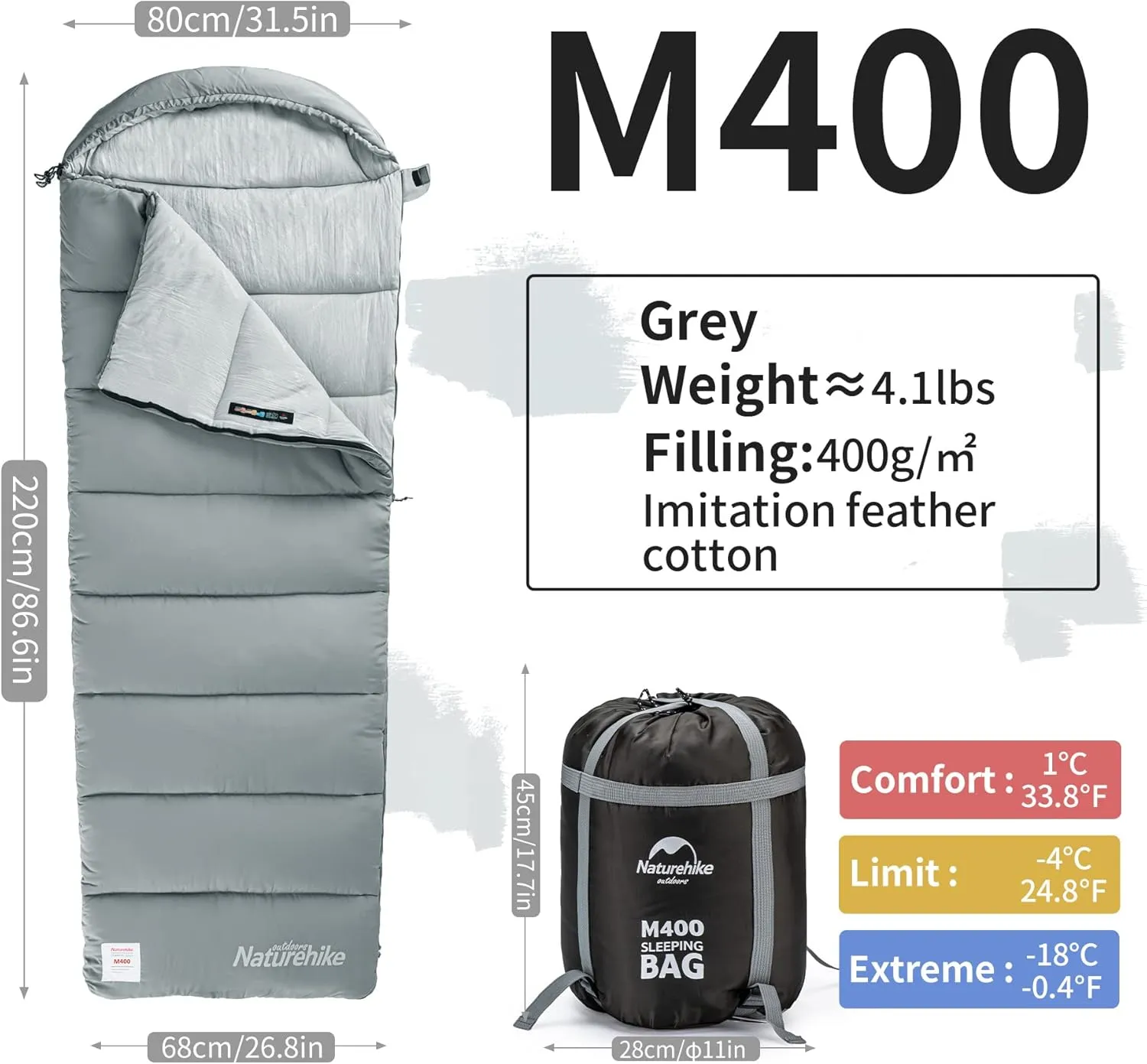 Naturehike Sleeping Bag for Adults with Hood, 33-53℉ Lightweight Hollow Cotton Sleeping Bag, 3 Seasons Waterproof Spliceable Sleeping Bags for Camping, Hiking, Traveling