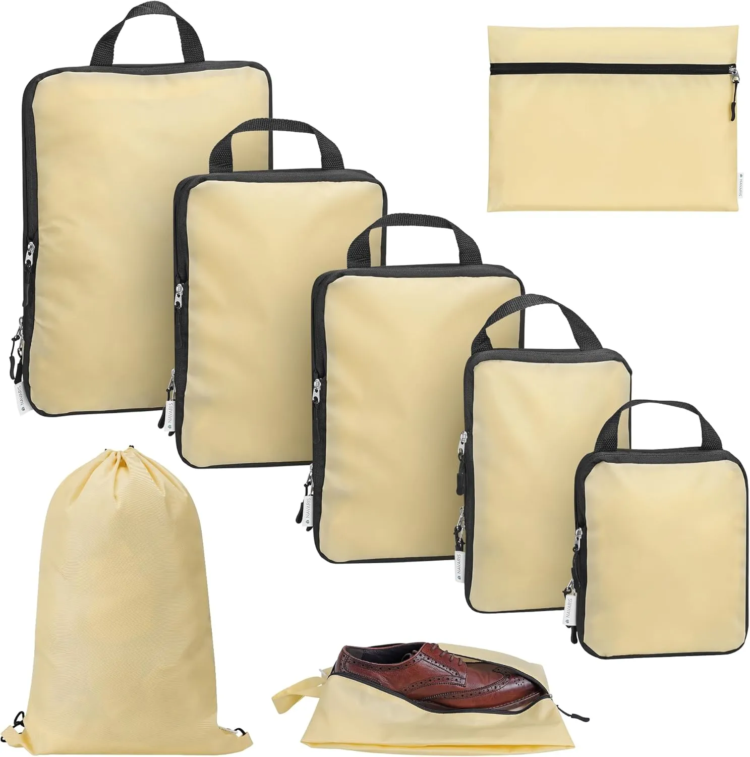 Navaris Compression Packing Cubes Set of 8 - Compressible Travel Bags for Packing Many Sizes - Lightweight Compression Travel Organizer Suitcase Carry On Luggage Backpacks - Beige